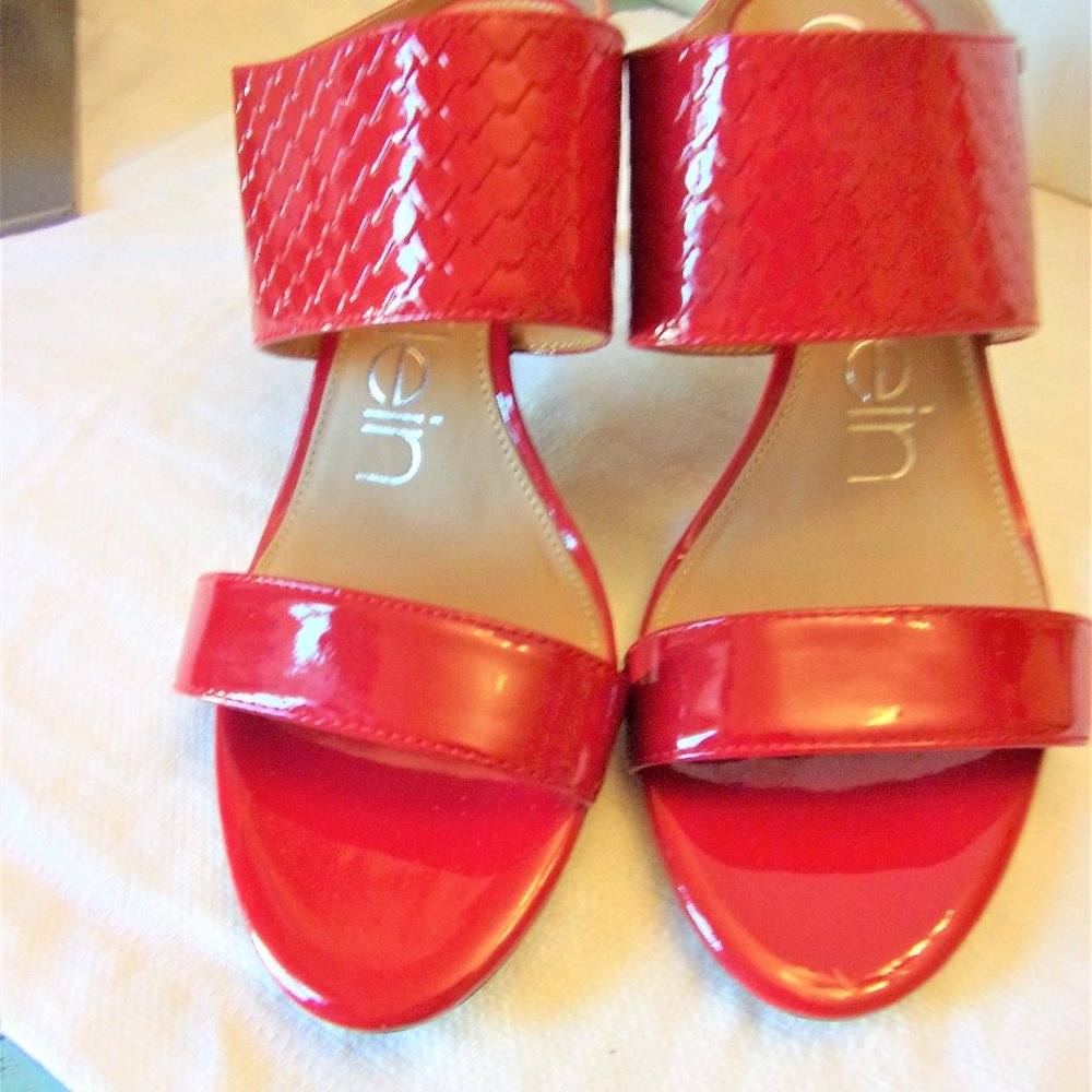 Calvin Klein RED CECILY SANDALS Slip On Mules Size 7.5/37.5 Python Low Stiletto